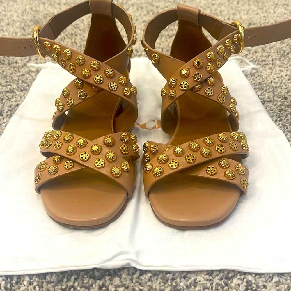 See by Chloe gold studded block heel sandals. Size: 36. Color: taupe/gold.